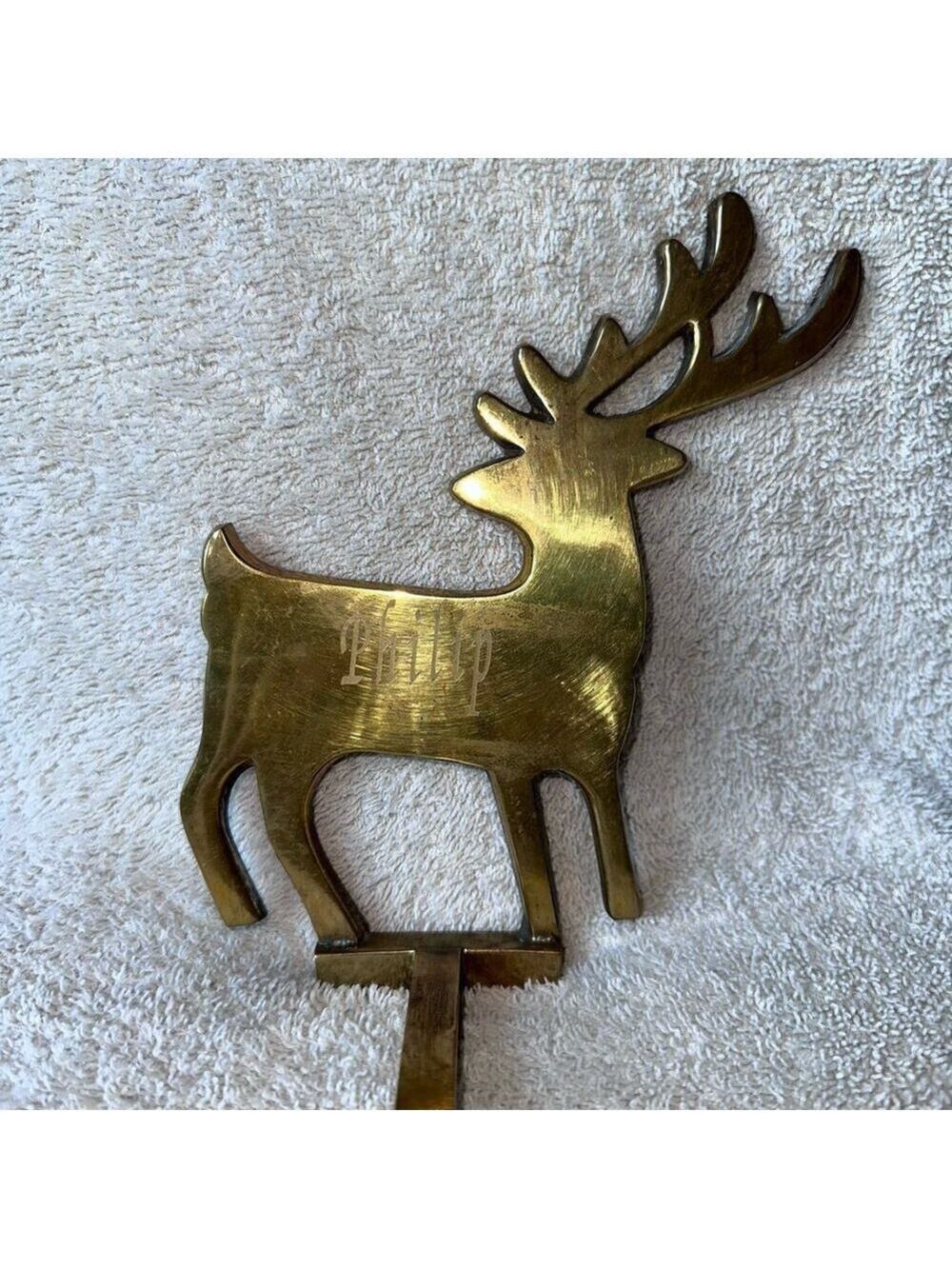 Vintage Solid Brass Reindeer Silhouette Christmas Stocking Hanger Etched Philip